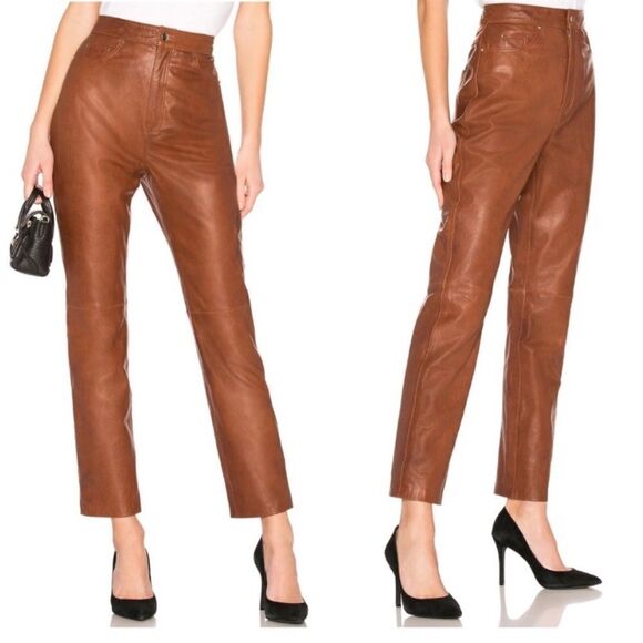 Lpa Leather Brown Pants Straight Leg High Waisted Size XS - Picture 4 of 10